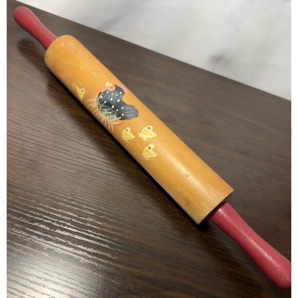 VINTAGE WOODEN PAINTED ROLLING PIN WITH CHICKENS, FARMHOUSE THEME - Picture 1 of 6